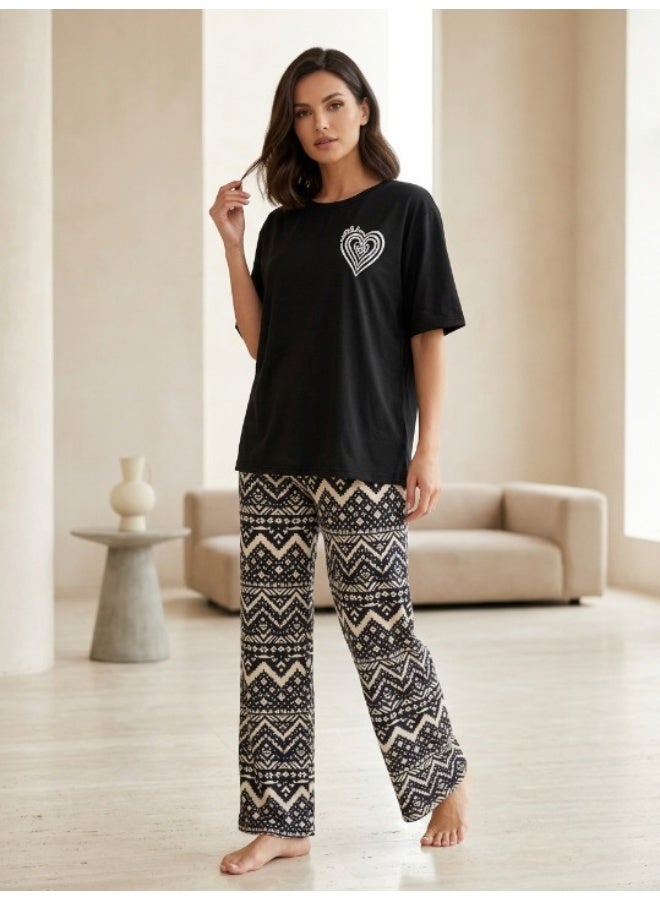 Women's cotton two-piece pajama set with wide-leg pants for comfortable wear - women's loungewear in various styles - Image 2