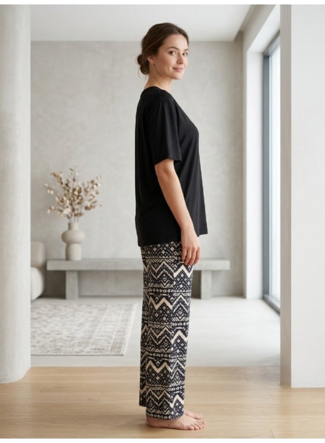 Women's cotton two-piece pajama set with wide-leg pants for comfortable wear - women's loungewear in various styles - Image 3