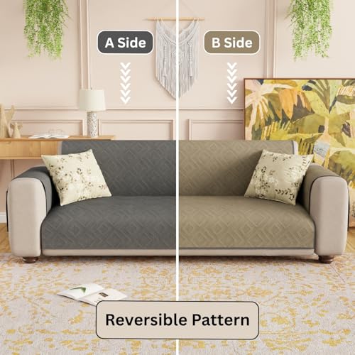 Lukzer 4 Seater Reversible Quilted Sofa Mat - Dot Frame Pattern | Grey | 250 GSM Polyester Sofa Runner with Arms & Deep Storage Pocket | Machine Washable Sofa Cover with Elastic Belt (SC-213-04) - Image 5