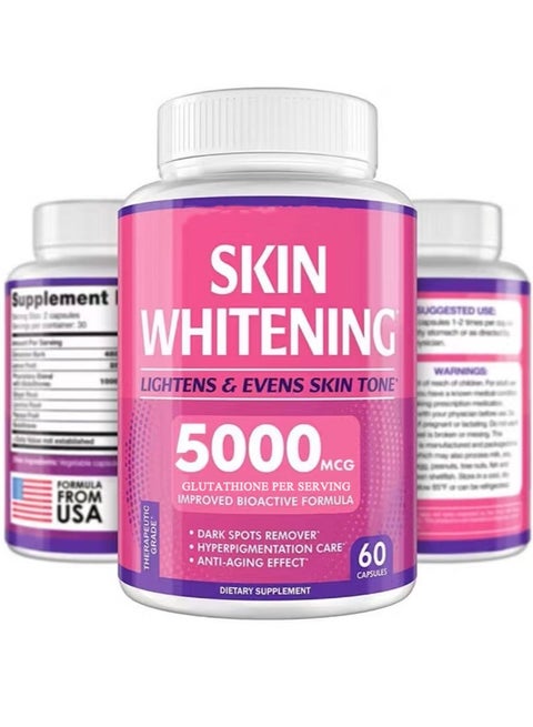 Glutathione Whitening Skin Whitening Capsules 60 Capsules 5000mcg, Skin Lightning, Remover Pigmentation, Anti Aging Antioxidant for Dietary Supplement
