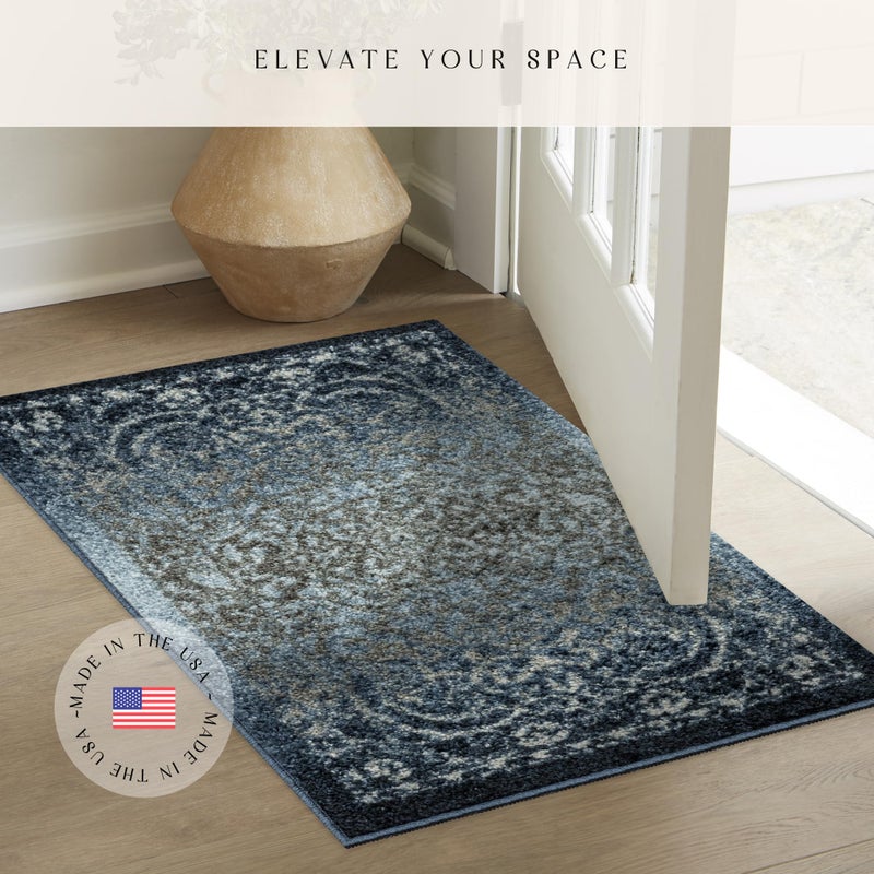 Maples Rugs Pelham Transitional Area Rugs - Made in USA - Washable, Non Slip, Indoor Carpet for Entryway, Foyer, Kitchen, and Bathroom, 1'8 x 2'10, Navy/Grey - Image 2