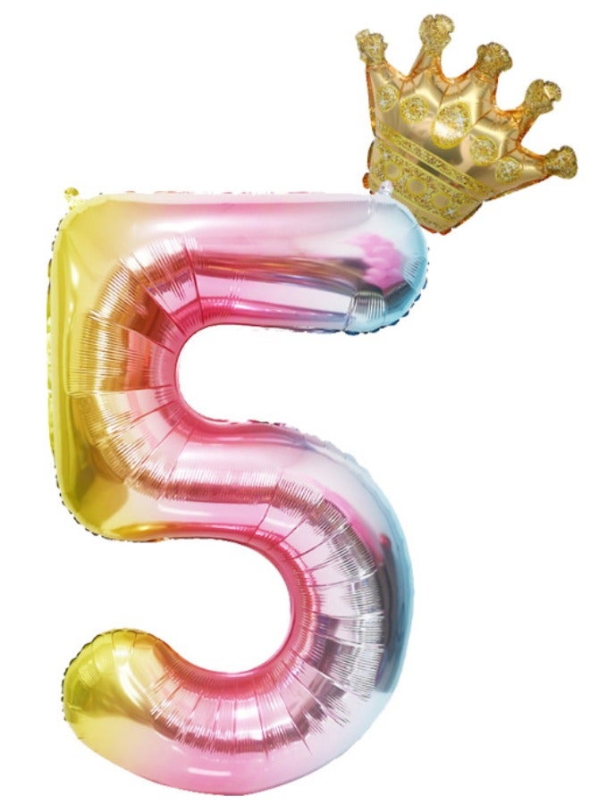 Number 5 Balloon with Detachable Crown, Easy Inflate and deflate reusable, Premium Foil Mylar Balloons for Birthdays, Anniversaries, and Party Decorations(40 inch, Multicolor） - Image 1