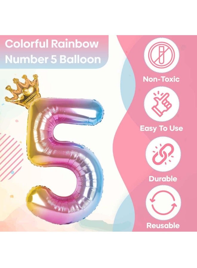 Number 5 Balloon with Detachable Crown, Easy Inflate and deflate reusable, Premium Foil Mylar Balloons for Birthdays, Anniversaries, and Party Decorations(40 inch, Multicolor） - Image 3