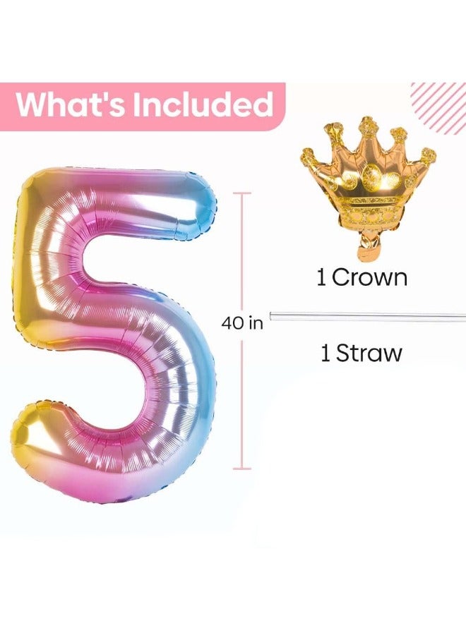 Number 5 Balloon with Detachable Crown, Easy Inflate and deflate reusable, Premium Foil Mylar Balloons for Birthdays, Anniversaries, and Party Decorations(40 inch, Multicolor） - Image 2