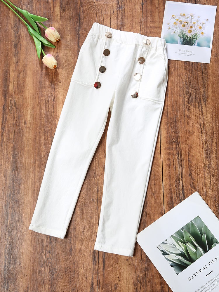 Children'S Clothing 2025 Girls' New Style Pants Solid Color Cotton Fake Button Leggings Trade - Image 2