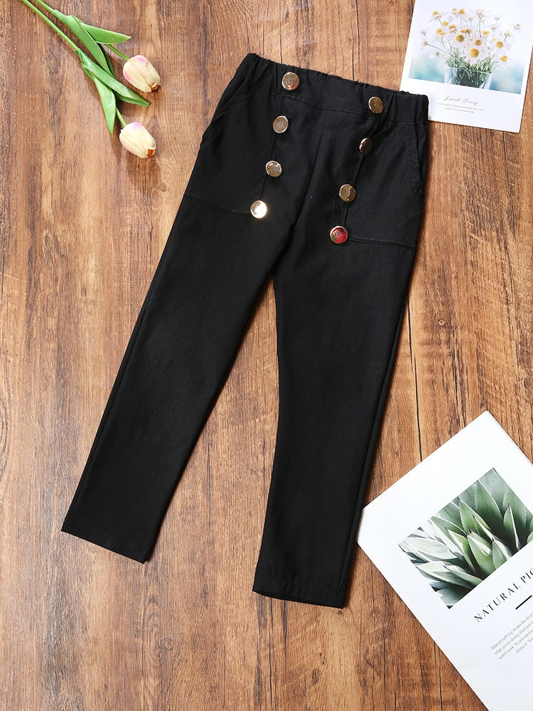 Children'S Clothing 2025 Girls' New Style Pants Solid Color Cotton Fake Button Leggings Trade - Image 1