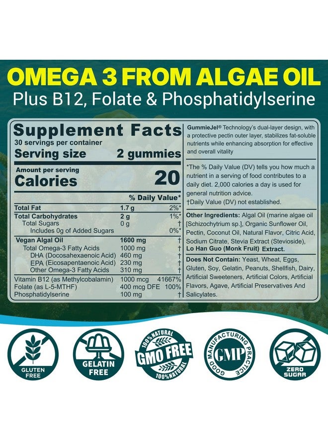 نيفيس حلوى أوميغا 3 نباتية بتركيز 1000 ملغ مع ميثيل فولات، وفيتامين ب12، وبديل زيت السمك أوميغا 3 للبالغين، نباتية بتركيز 460 ملغ من حمض الدوكوساهيكسانويك و230 ملغ من حمض إيكوسابنتينويك للدماغ والحركة والعين والمناعة، مستدامة وخالية من السكر، 120 قرصًا - Image 1