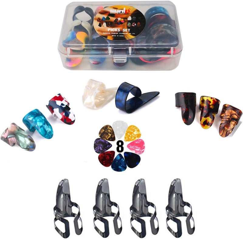 SUNLP Thumb Finger Picks Plectrum With Plastic Case, Stainless Steel Metal Celluloid Guitar thumb finger picks and Free 8pcs 0.46mm Guitar Picks For Mandolin Banjo Harp Thumb Finger Picks - Image 1
