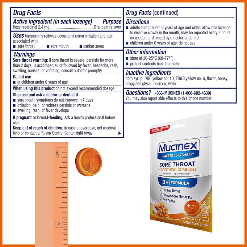 MUCINEX موسينكس إنستا سوذ لالتهاب الحلق راحة مهدئة بنكهة العسل والإشيناسيا سريع المفعول مسكن قوي لآلام الحلق 40 حبة طبية عبوة من 2 - Image 2