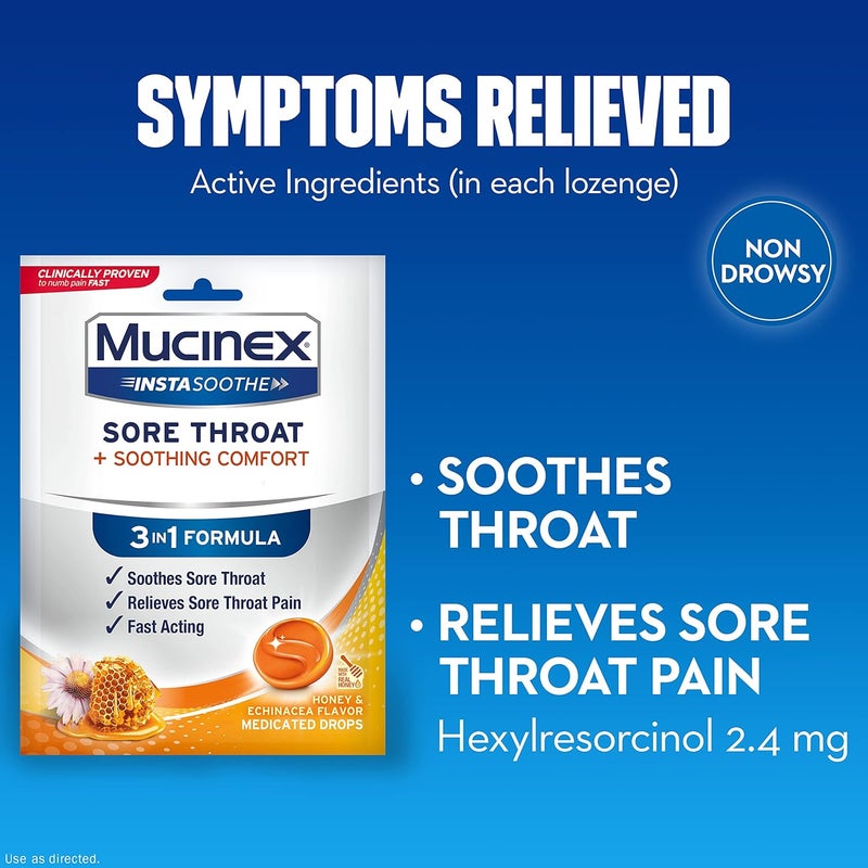 MUCINEX موسينكس إنستا سوذ لالتهاب الحلق راحة مهدئة بنكهة العسل والإشيناسيا سريع المفعول مسكن قوي لآلام الحلق 40 حبة طبية عبوة من 2 - Image 3