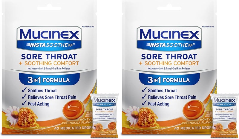 MUCINEX موسينكس إنستا سوذ لالتهاب الحلق راحة مهدئة بنكهة العسل والإشيناسيا سريع المفعول مسكن قوي لآلام الحلق 40 حبة طبية عبوة من 2 - Image 1