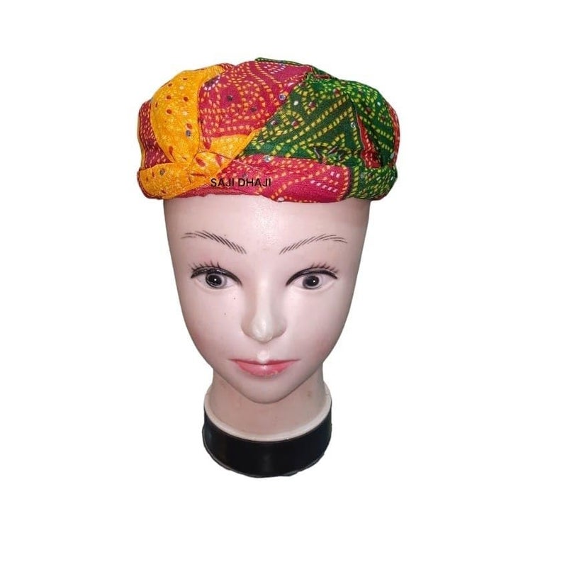 BANI THANI Authentic Rajasthani Cotton Churni Pagdi for Men's & Women's Traditional Round Turban for Wedding or Any Party Events or Festival,Freesize,Support Upto 22inch Head Size (Rajasthani Pagdi) - Image 3
