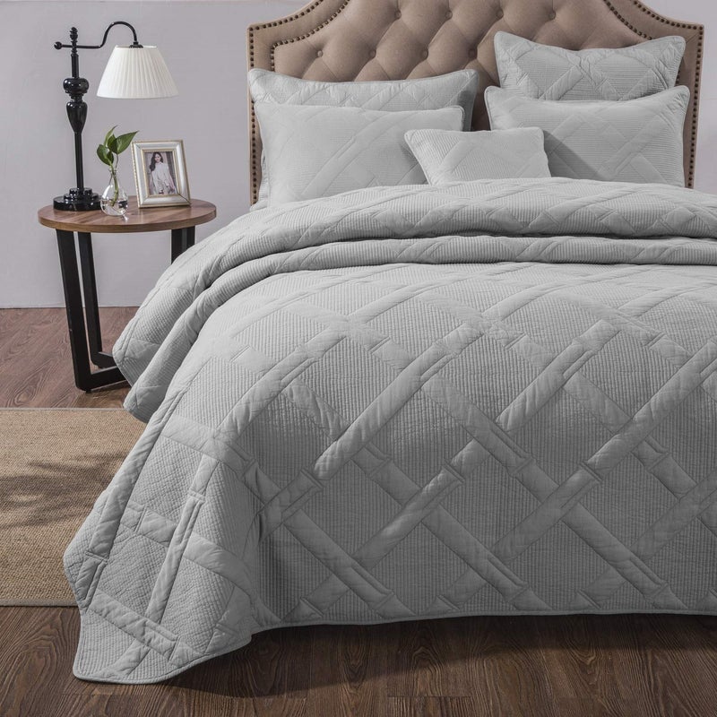 Tache Home Fashion Tache Solid Light Grey Silver Soothing Pastel Soft Cotton Geometric Diamond Stitch Pattern Lightweight Quilted Bedspread 3 Piece Set King 