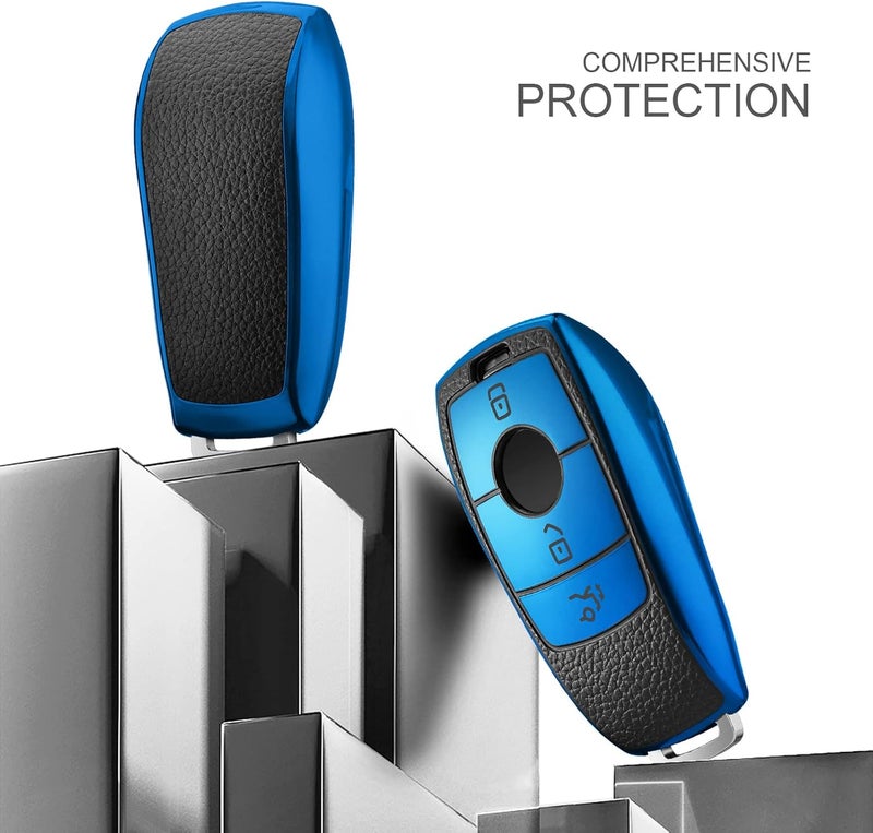 OATSBASF Car Key Case for Mercedes Benz E-Class 2017 & S-Class 2018 - TPU Silicone Leather Texture Protective Cover (P Blue) - Image 2