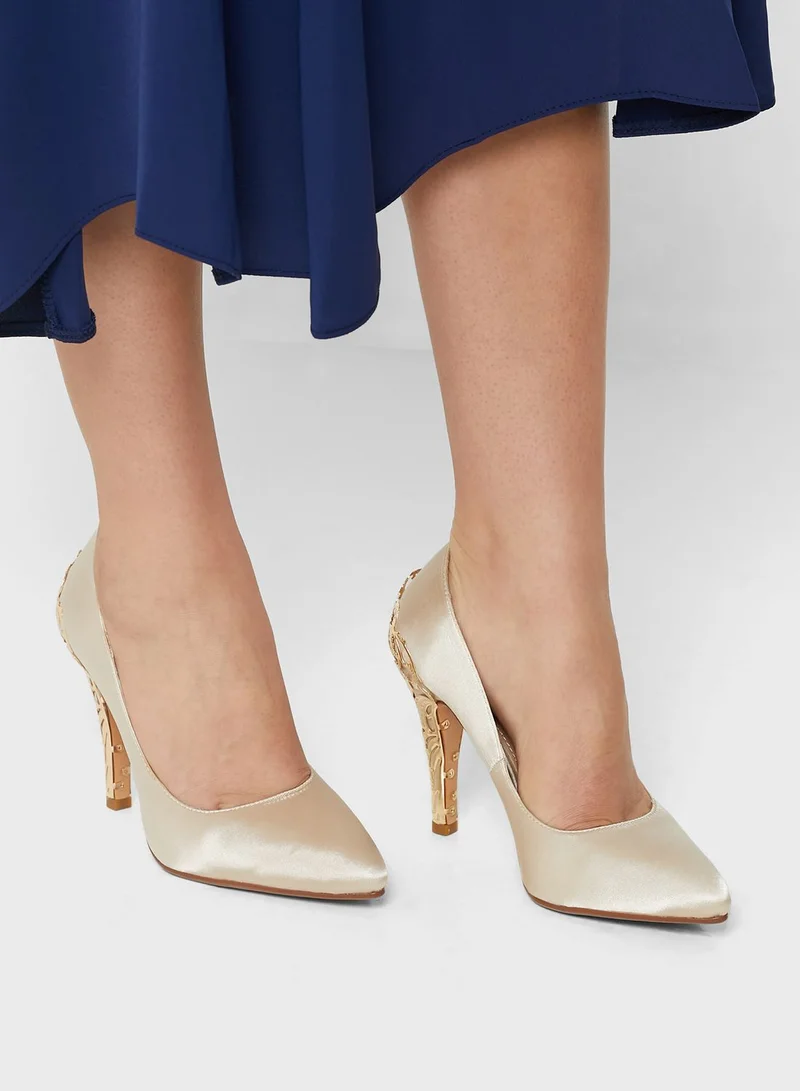 Namshi x Floral Gold Feature Heel Pointed Pump