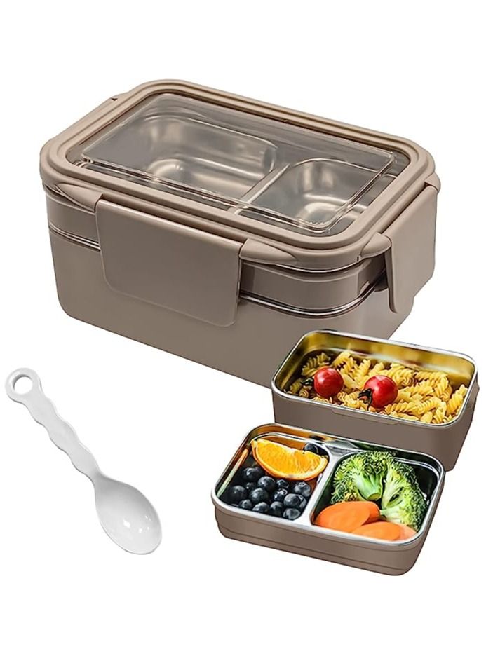 Captaintech Bento Lunch Box for Adults & kids, Reusable Stainless Steel Meal Box, Leakproof Food Storage Containers with 2 Layers Divders,Suitable Microwave Ovens Heating,Healthy Lunches & Snacks- Khaki - Image 1