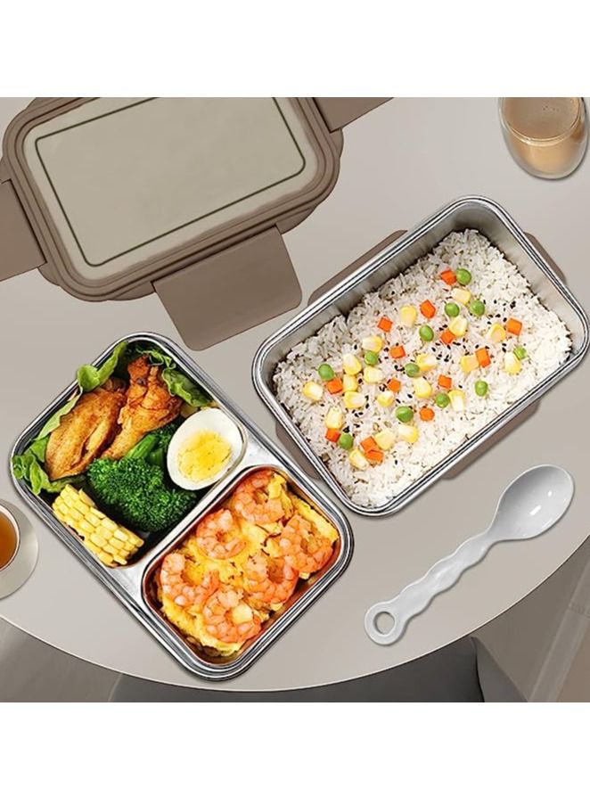 Captaintech Bento Lunch Box for Adults & kids, Reusable Stainless Steel Meal Box, Leakproof Food Storage Containers with 2 Layers Divders,Suitable Microwave Ovens Heating,Healthy Lunches & Snacks- Khaki - Image 2