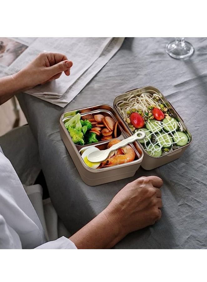 Captaintech Bento Lunch Box for Adults & kids, Reusable Stainless Steel Meal Box, Leakproof Food Storage Containers with 2 Layers Divders,Suitable Microwave Ovens Heating,Healthy Lunches & Snacks- Khaki - Image 4