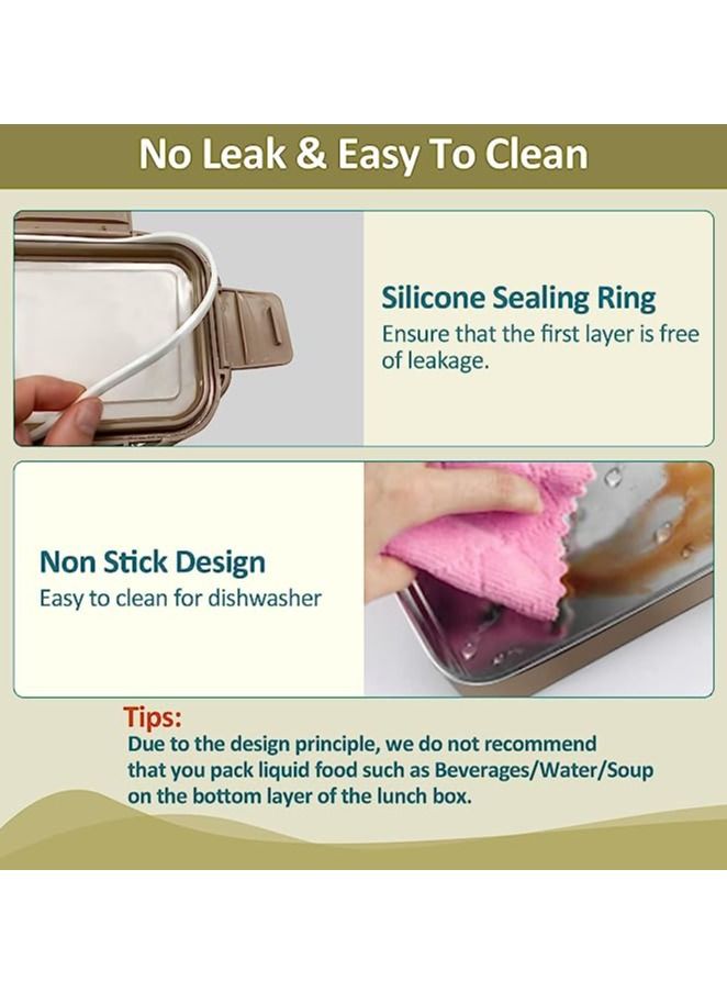 Captaintech Bento Lunch Box for Adults & kids, Reusable Stainless Steel Meal Box, Leakproof Food Storage Containers with 2 Layers Divders,Suitable Microwave Ovens Heating,Healthy Lunches & Snacks- Khaki - Image 5