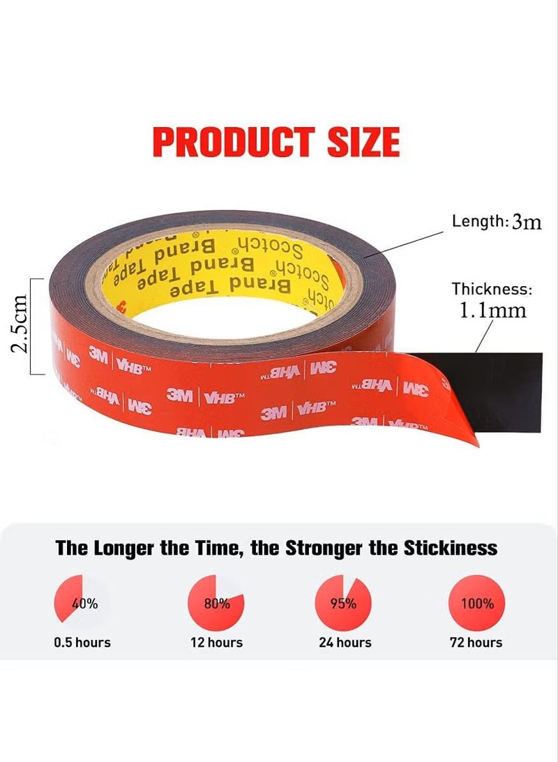 3M Double Sided Tape,Heavy Duty Waterproof Mounting Foam 3M VHB Tape, 300cm Length, 2.5cm Width, Strong Adhesive Tape for Car, Wall, LED Strip Light, Home,Office Decor, 2.5cm x 3m - Image 2