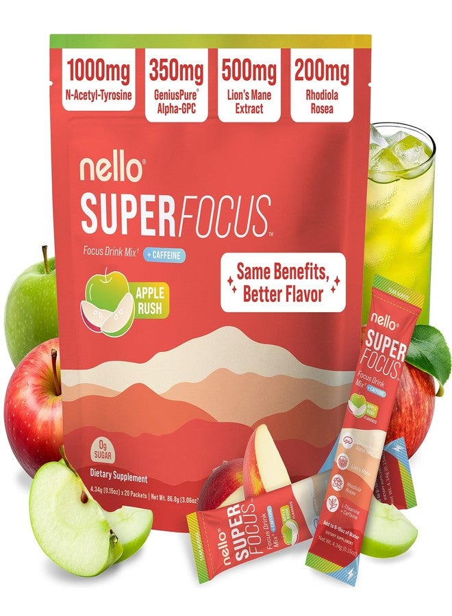 Nello Superfocus – Nootropic Focus Drink Mix for Productivity, Caffeine, L-Theanine, Rhodiola Rosea, Alpha-GPC, Lion’s Mane, Tyrosine, Sugar-Free Packets - With Caffeine (Pack of 20) (20 Servings (Caffeine), Apple Rush) - Image 1