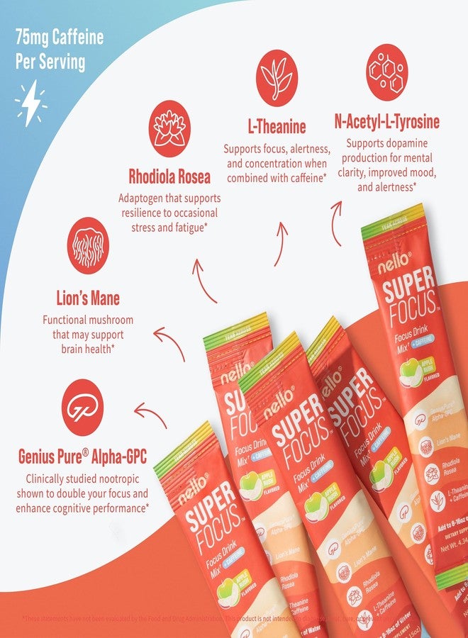 Nello Superfocus – Nootropic Focus Drink Mix for Productivity, Caffeine, L-Theanine, Rhodiola Rosea, Alpha-GPC, Lion’s Mane, Tyrosine, Sugar-Free Packets - With Caffeine (Pack of 20) (20 Servings (Caffeine), Apple Rush) - Image 4