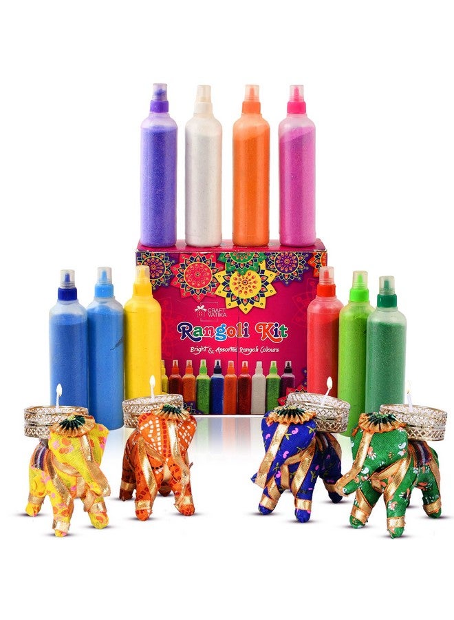 CraftVatika10 Rangoli Colour Powder Tube Kit with 4 Elephant Candle Holder Set for Diwali Ganesh Chaturthi Laxmi Pooja Home Temple Rangoli Candle Floor Decoration - Image 1