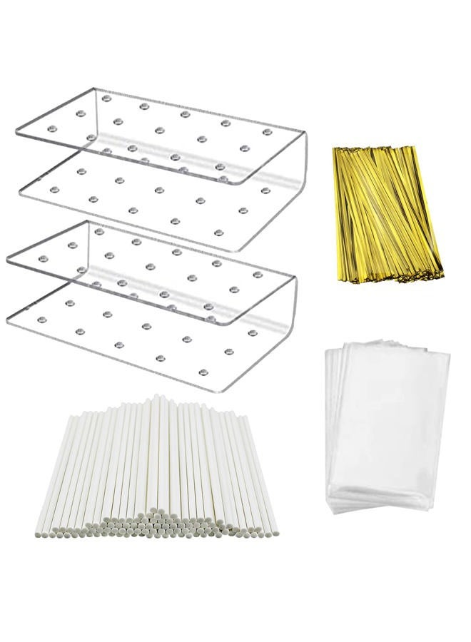 MR.FOAM Acrylic Lollipop Holder,2PC Cake Pop Stand Display Cake Pop Holder 100PCS Lollipop Sticks 100PCS Clear Treats Bags and 100PCS Gold Metallic Twist Ties for Candy Cake Pop Making Tools - Image 3