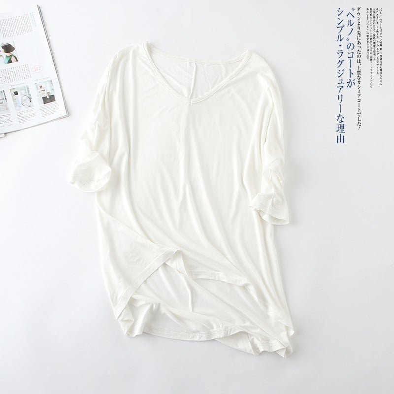 Modal Batwing Sleeve Mid-Sleeve T-Shirt Women'S Casual Korean-Style V-Neck Solid Color Plus Size Half-Sleeve Base Shirt - Image 1