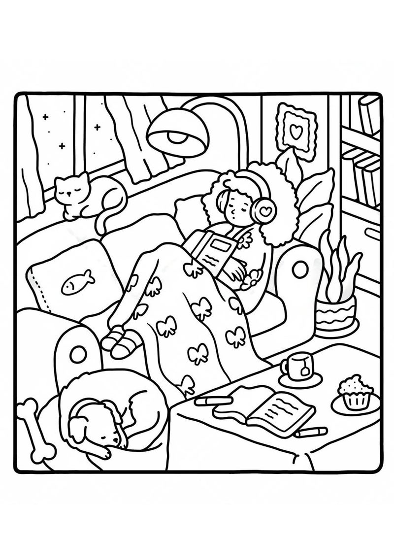 MOMOSO Girl Moments Coloring Book Cute Cartoon & Cozy Daily Scenes For Relaxation Adults & Teens  - Image 4