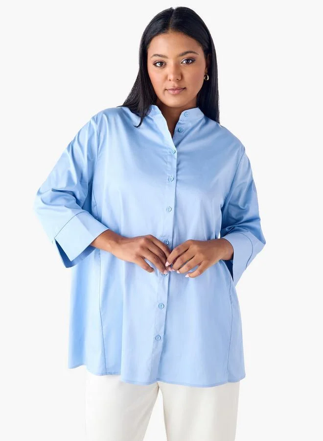Ulla Popken Plus Size Ulla Popken Shirt with Mandarin Collar and 3/4 Sleeves