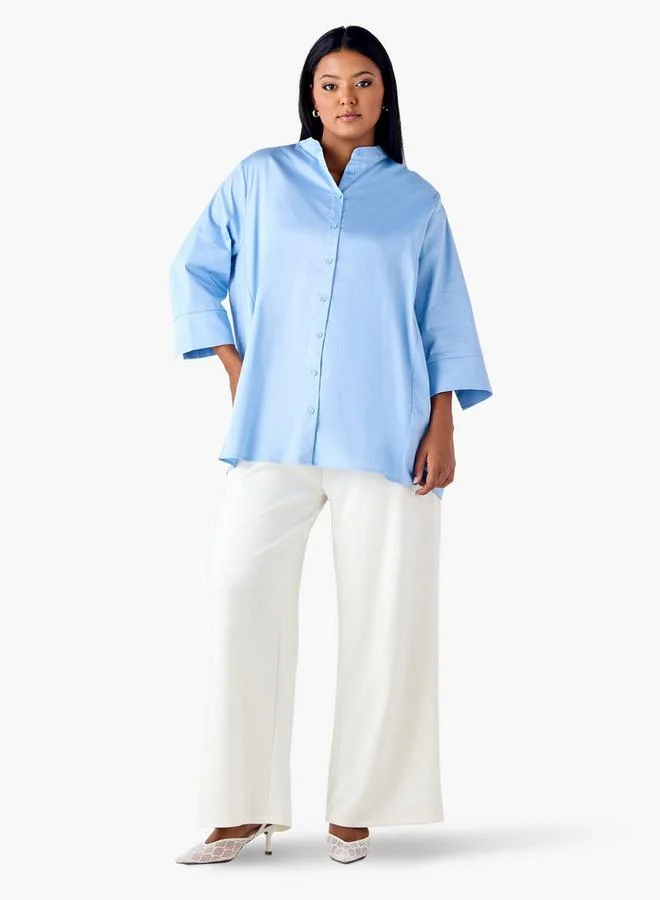 Ulla Popken Plus Size Ulla Popken Shirt with Mandarin Collar and 3/4 Sleeves