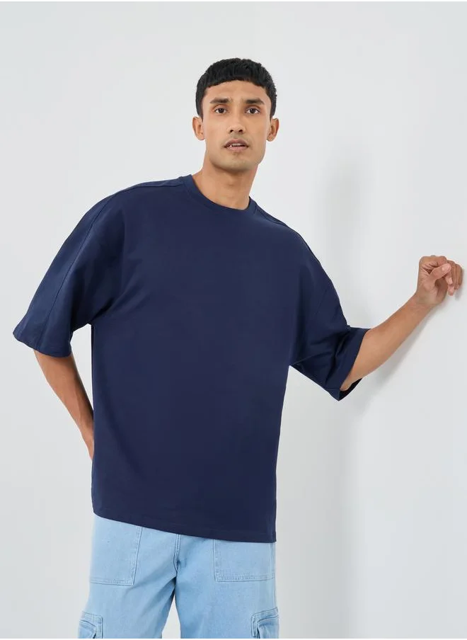 ستايلي Styli Solid Terry Boxy Fit Round Neck T-Shirt