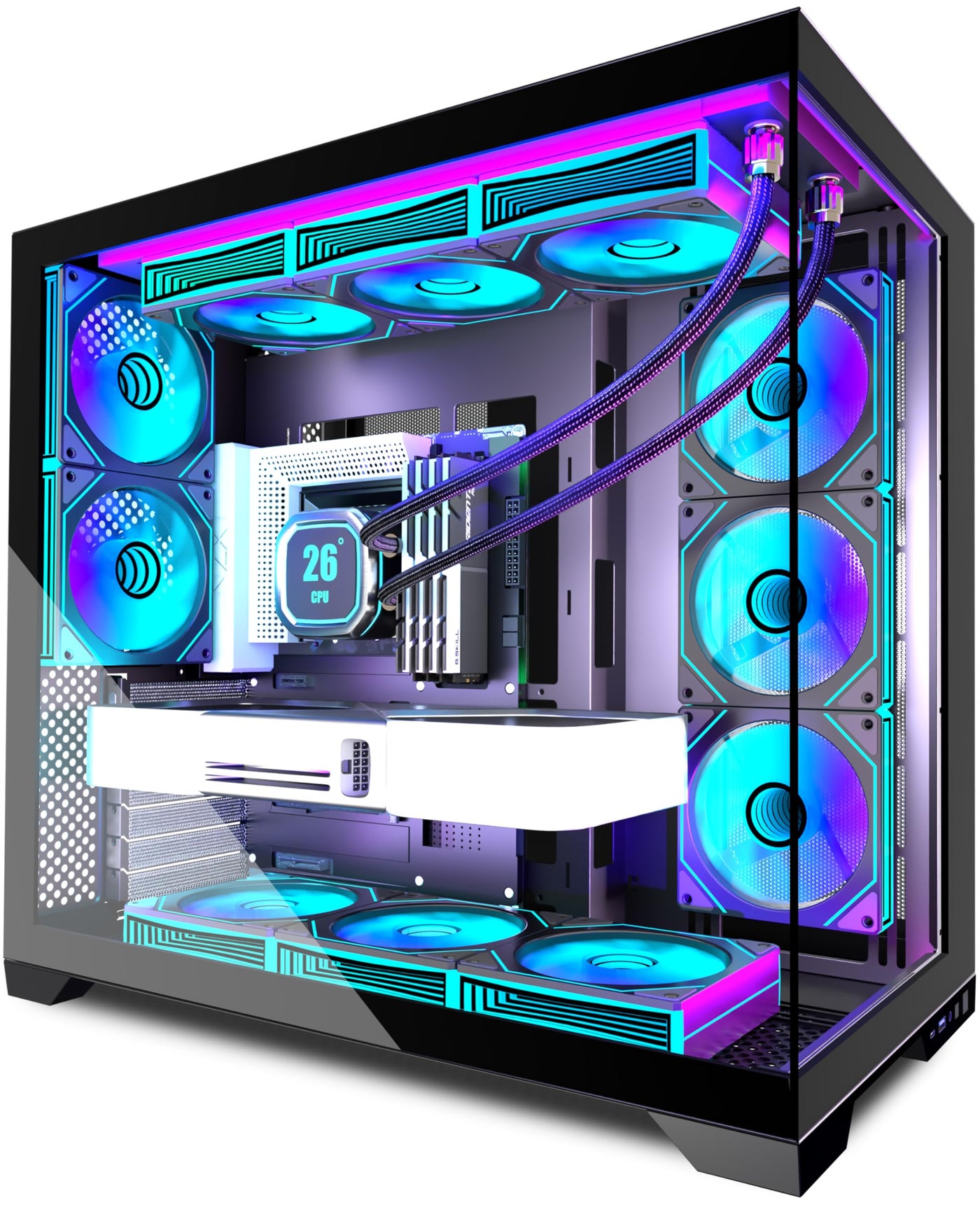 ANSAITE PC CASE 9 PWM ARGB Fans Pre-Installed, Mid-Tower Gaming PC Case, Panoramic Tempered Glass Computer Case with Type-C,420mm&360mm Radiator Support,Black,K9