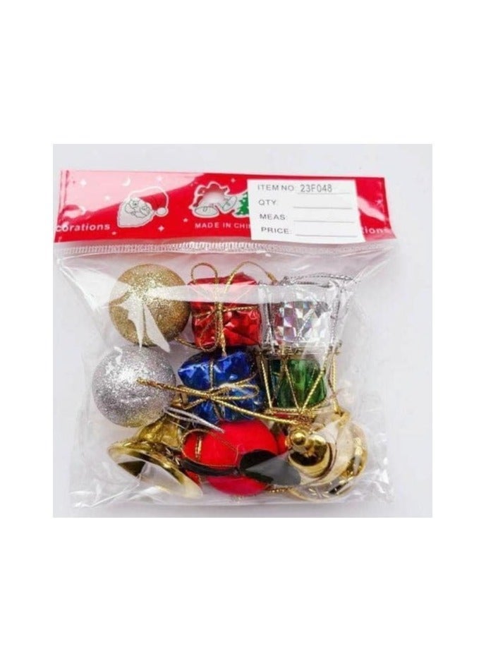 Christmas Decoration Pack with Assorted Shapes - 12 Pieces - Bell, Ball, Gift. - Image 3