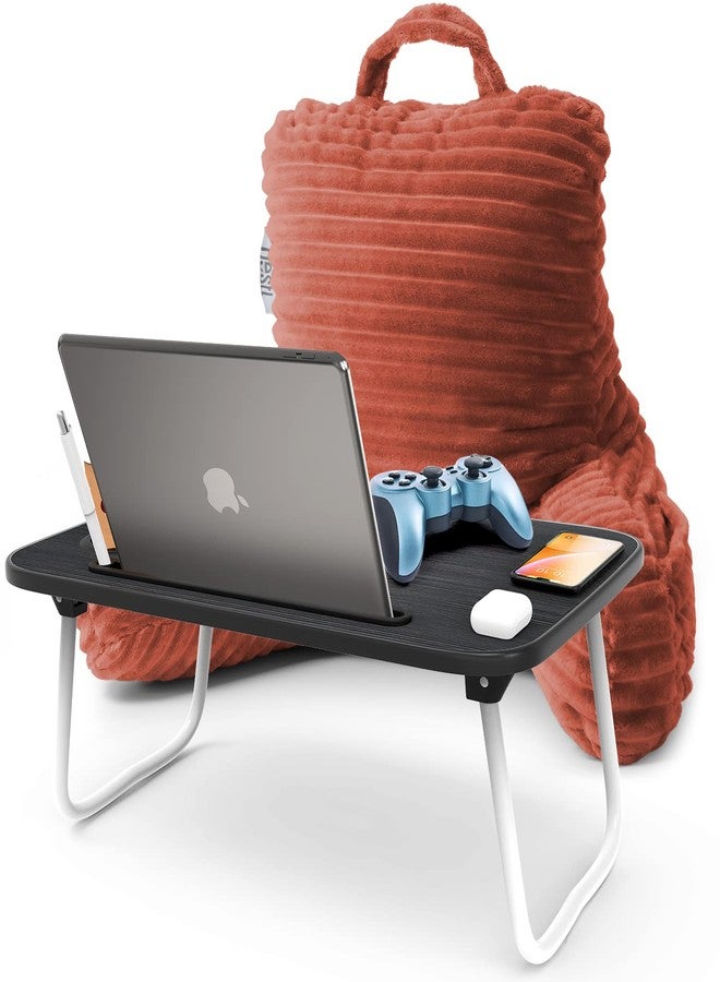 Nestl Reading Pillow with Portable Lap Desk Stand for Laptop 19x11”, Cut Plush Striped Back Pillow, Back Support Pillow, Shredded Memory Foam Bed Rest Pillow with Arms for Kids & Teens, Small - Misty - Image 1
