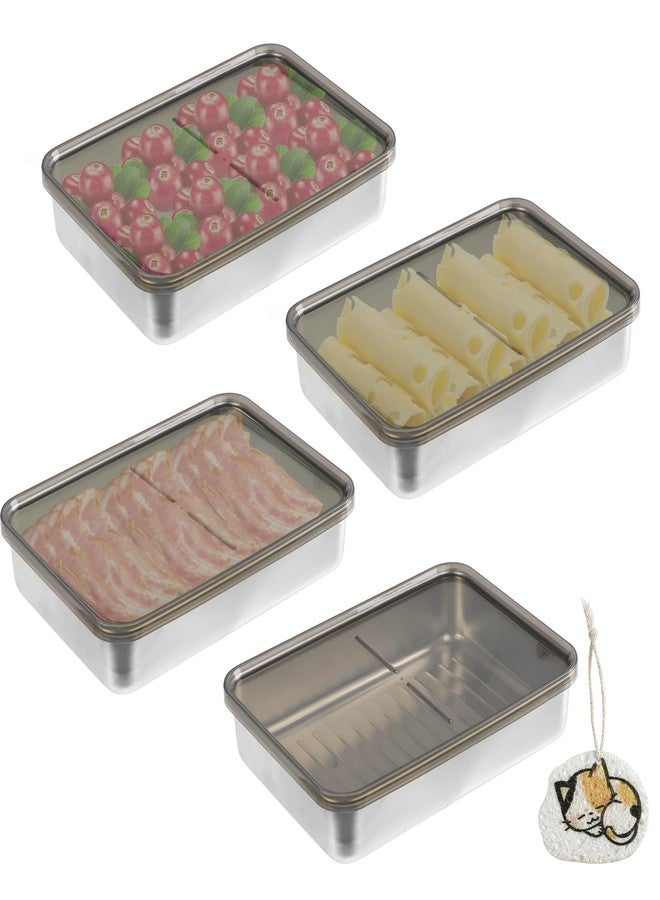DIBALIYI 4 Pcs Cheese Container for Refrigerator, 304 Stainless Steel Airtight Deli Meat Storage Containers with Lids, Dishwasher Safe Food Container for Fridge with Sponge Wipe - Image 1