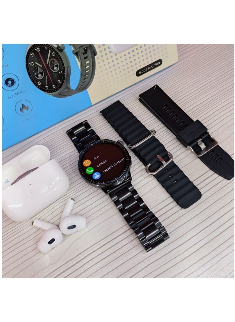 Brandcode - ROCK 35 smartwatch and earbuds combo. The set includes a smartwatch with a sleek design, multiple watch straps (metal and silicone), and a pair of wireless earbuds. The smartwatch features calling capabilities, music playback, a multi-screen display, and fitness tracking (calories burned). - Image 1