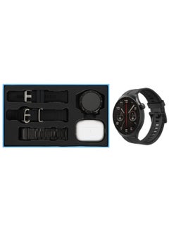 Brandcode ROCK 35 smartwatch and earbuds combo. The set includes a smartwatch with a sleek design, multiple watch straps (metal and silicone), and a pair of wireless earbuds. The smartwatch features calling capabilities, music playback, a multi-screen display, and fitness tracking (calories burned).  - Image 3