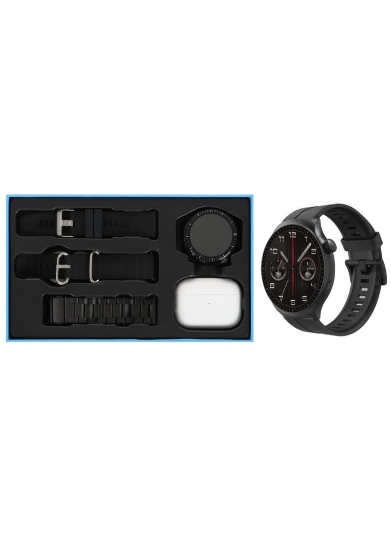 Brandcode - ROCK 35 smartwatch and earbuds combo. The set includes a smartwatch with a sleek design, multiple watch straps (metal and silicone), and a pair of wireless earbuds. The smartwatch features calling capabilities, music playback, a multi-screen display, and fitness tracking (calories burned). - Image 1