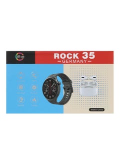 Brandcode ROCK 35 smartwatch and earbuds combo. The set includes a smartwatch with a sleek design, multiple watch straps (metal and silicone), and a pair of wireless earbuds. The smartwatch features calling capabilities, music playback, a multi-screen display, and fitness tracking (calories burned).  - Image 4