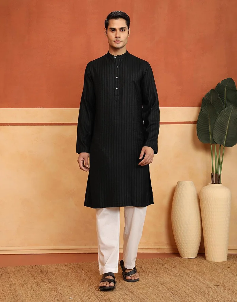 فاب انديا Black Viscose Blend Dobby Slim Fit Long Kurta