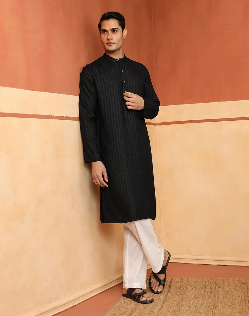 فاب انديا Black Viscose Blend Dobby Slim Fit Long Kurta