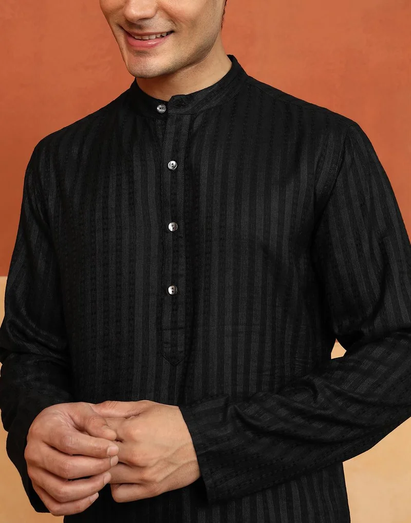 Fabindia  Black Viscose Blend Dobby Slim Fit Long Kurta for Men | Best Price UAE