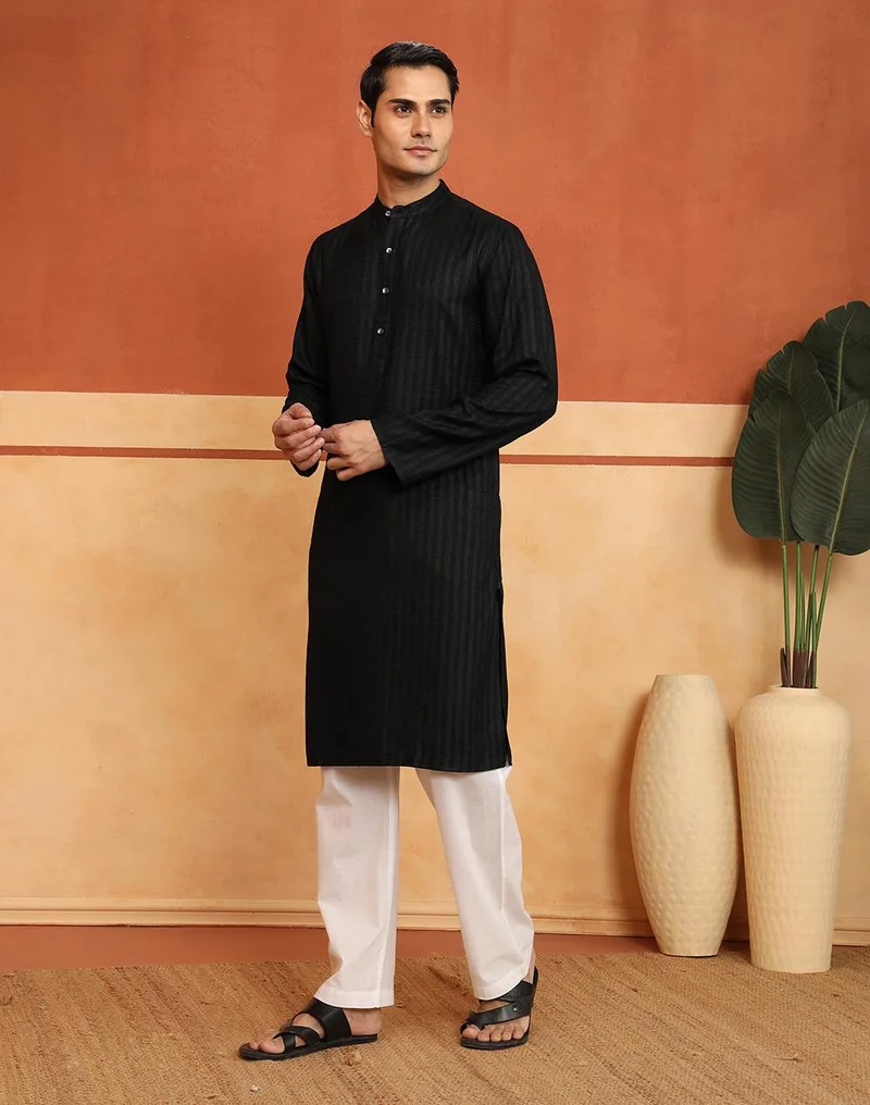 Fabindia  Black Viscose Blend Dobby Slim Fit Long Kurta for Men | Best Price UAE