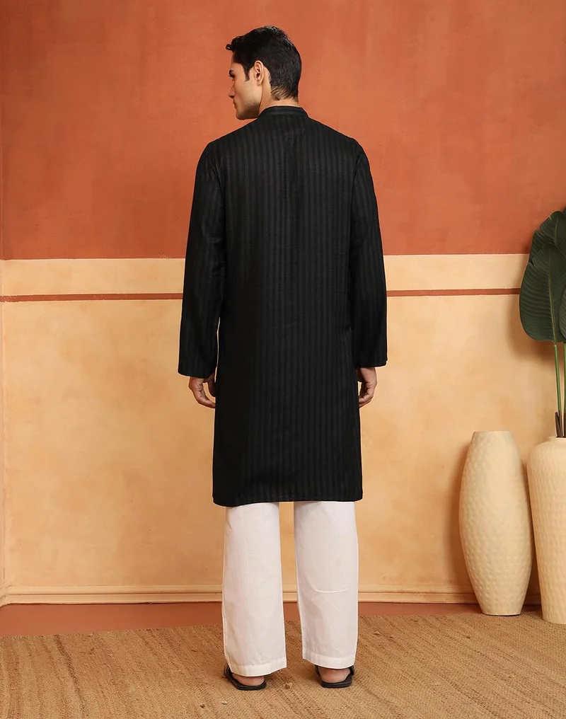 Fabindia  Black Viscose Blend Dobby Slim Fit Long Kurta for Men | Best Price UAE