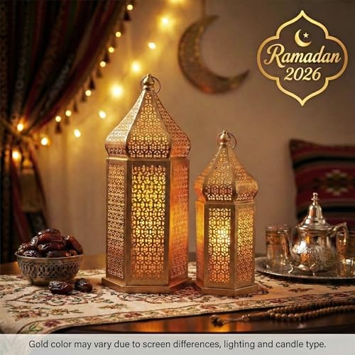 VELA LANTERNS Golden Tower Temple Moroccan Lantern Lamp Decorative Candle Holders for Ramadan Decorations Hanging Outdoor Patio or Porch Indoor Home Decor Gold Set of 2 11 Small and 15 Large - Image 3