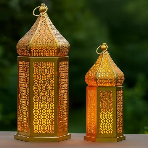 VELA LANTERNS Golden Tower Temple Moroccan Lantern Lamp Decorative Candle Holders for Ramadan Decorations Hanging Outdoor Patio or Porch Indoor Home Decor Gold Set of 2 11 Small and 15 Large - Image 1