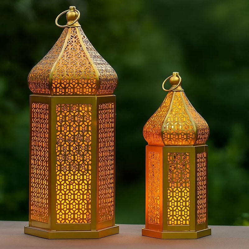 VELA LANTERNS Golden Tower Temple Moroccan Lantern Lamp Decorative Candle Holders for Ramadan Decorations Hanging Outdoor Patio or Porch Indoor Home Decor Gold Set of 2 11 Small and 15 Large - Image 2