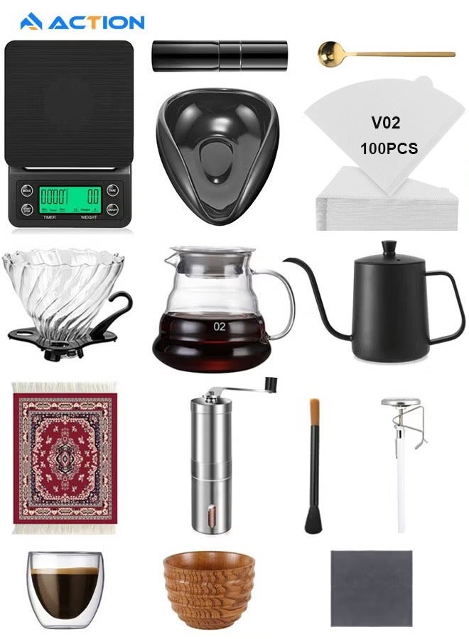 أكشن مجموعة صانعة القهوة بالتنقيط V60، 15 قطعة مع ميزان لتقطير القهوة، صينية لوزن حبوب القهوة، مطحنة حبوب القهوة، زجاجة رش لحبوب القهوة، ملعقة قهوة، فلتر ورقي للقهوة، فلتر لتقطير القهوة، إبريق مشاركة القهوة، إبريق يدوي ذو عنق نحيل، فوهة مقيّدة لإبريق تقطير القهوة، سجادة كوب القهوة، مقياس حرارة القهوة، كوب القهوة، مجموعة أدوات تنظيف القهوة، وحقيبة تخزين محمولة - Image 1
